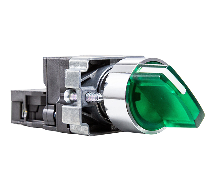 M20ICR2-G-1A CHAVE SELETORA ILUMINADA KNOB CURTO 2 POSIÇÕES FIXAS 90º 22MM - 220VCA - VERDE - 1NA METALTEX°°