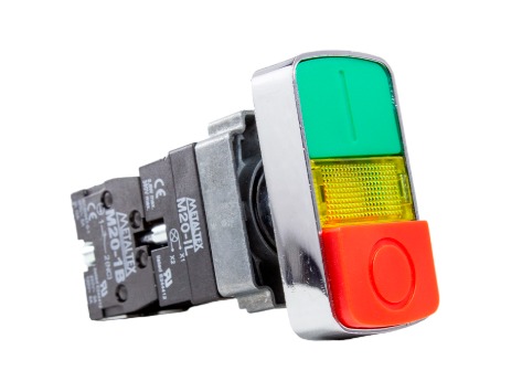 M20IDL-Y7-1C BOTÃO DUPLO ILUMINADO 22MM METÁLICO - VERDE/VERMELHO 24V - 1NA+1NF METALTEX°°