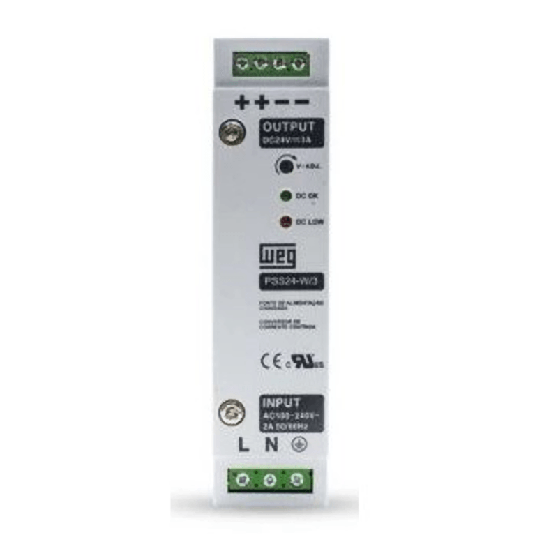 FONTE DE ALIMENTAÇÃO CHAVEADA MONOFÁSICO 100240VAC 24VCC 15240W 3A 13108241 WEG°