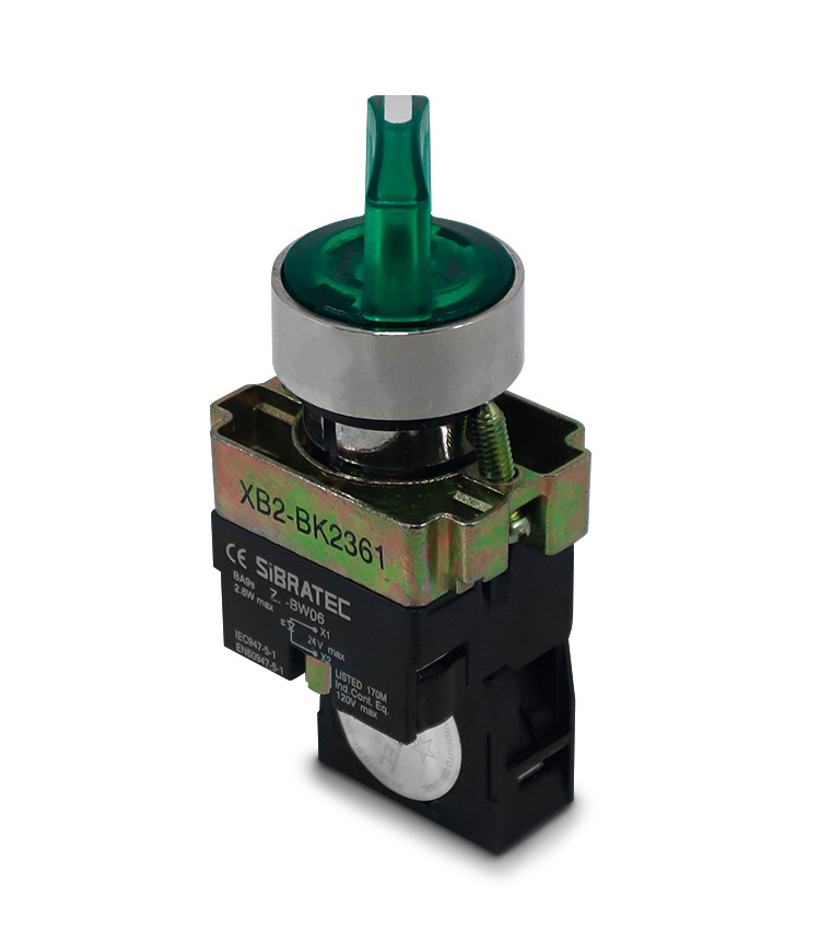Chave seletora Iluminada Metálica XB2-BK2361 2 Posições Verde 24Vcc/Vca 1NA SIBRATEC°°