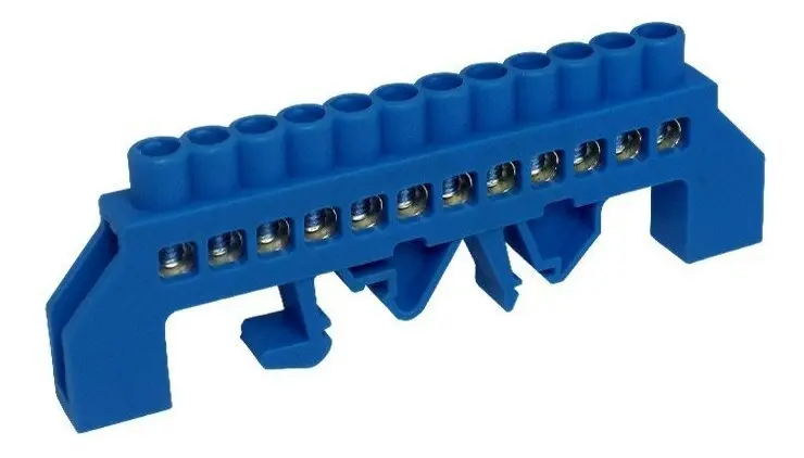 BARRAMENTO DE DISTRIBUIÇÃO HC-008 NEUTRO (AZUL) 12 LIGAÇÕES -80A-C/PROTEÇÃO (CABO 10MM)-FIX.TRILHO E PARAFUSO SIBRATEC°°