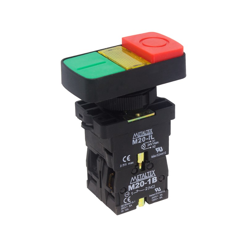 P20IDL-Y7-1C BOTÃO DUPLO ILUMINADO 22MM PLÁSTICO - VERDE/VERMELHO 24V - 1NA+1NF METALTEX°°