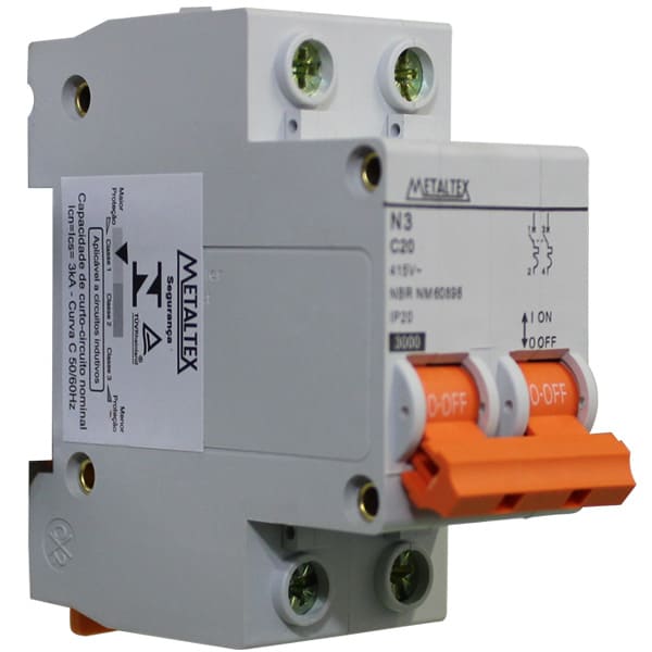 NX3-2C20 MINI DISJUNTOR 3KA 2 PÓLOS CURVA C 20A METALTEX°°