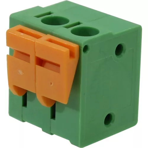 BR5C1-02 BORNE PARA PCI, 2 VIAS, 180 GRAUS, PASSO 5,08, ALTURA DE 14,1MM,CONEXÃO MOLA, VERDE COM ATUADOR LARANJA COMEP°°
