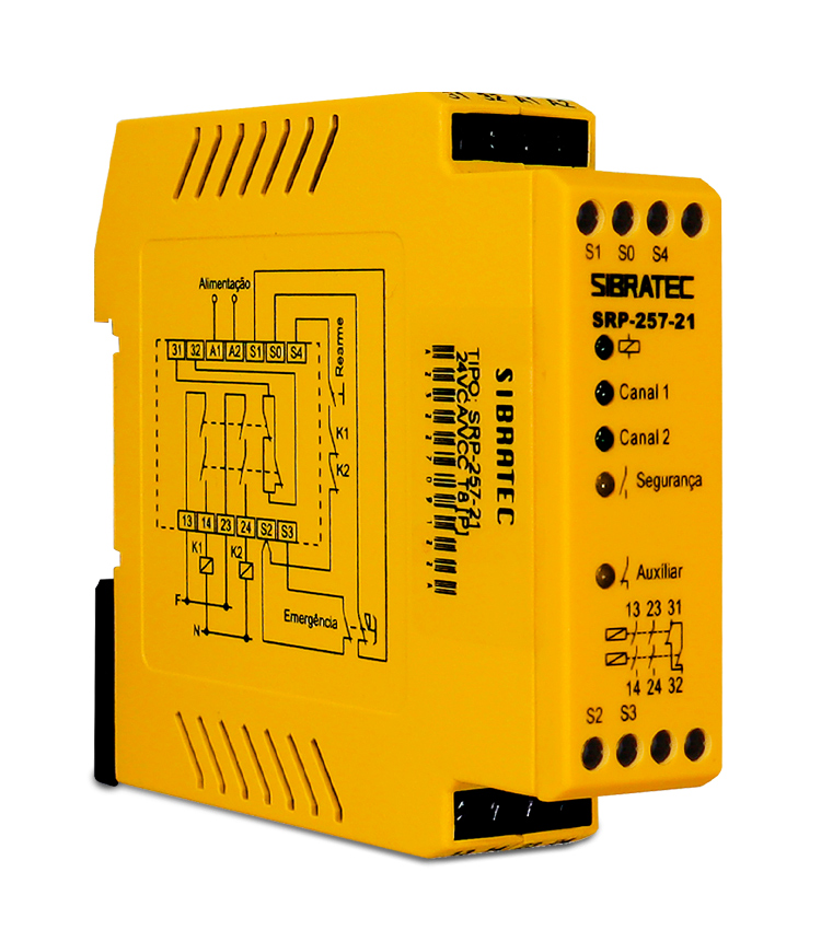 RELÉ DE SEGURANÇA SRP-257-21 24VCC/VCA P/ PARADA DE EMERGÊNCIA (DUPLO CANAL DE SAÍDA) CATEGORIA 4 SIBRATEC°°