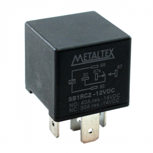 RELÉ AUTOMOTIVO, 1CONTATO REVERSÍVEL,TENSÃO DE BOBINA 12VCC,CAPACIDADE DE 40 AMPERES, TERMINAIS FASTON SB1RC2 METALTEX°°
