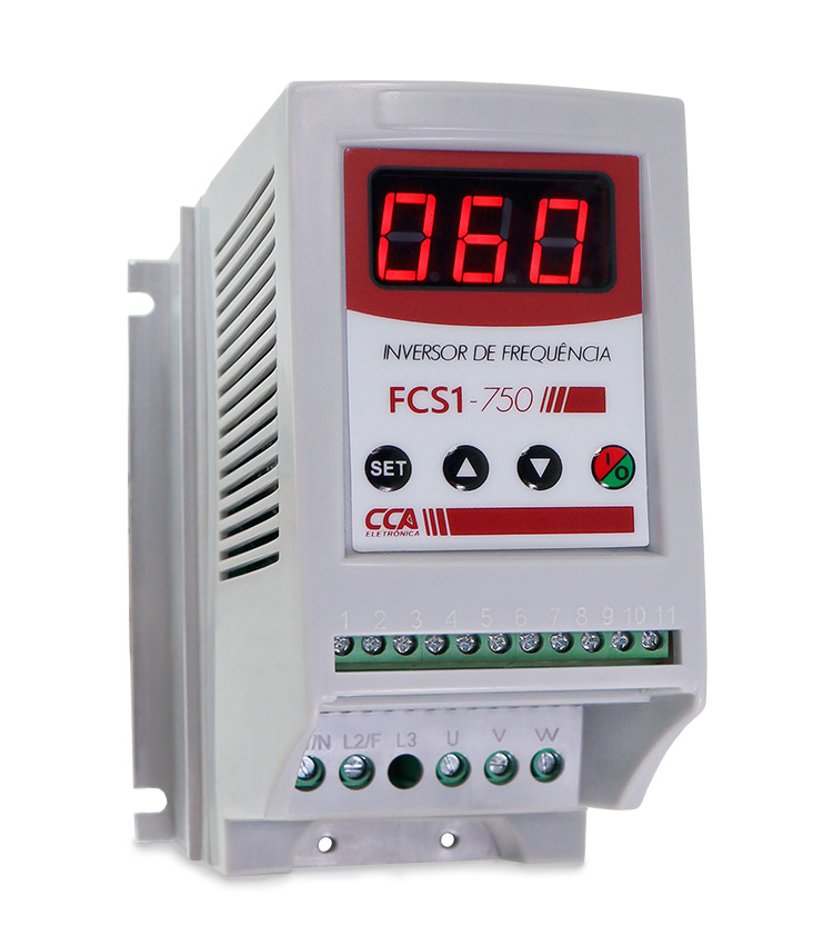 INVERSOR DE FREQUÊNCIA FCS1-750 CCA - MONOFÁSICO 220V SAÍDA TRIFÁSICO 220V 50/60HZ 0,75KW (1CV / 220V) CCA ELETRONICA °°