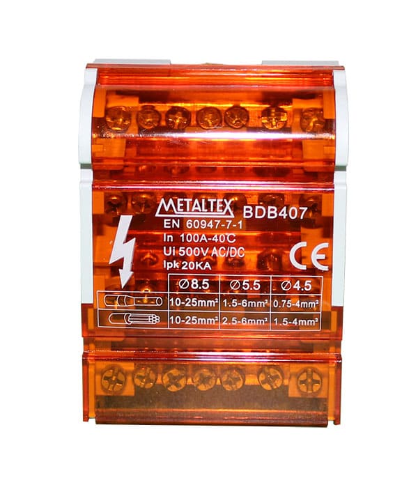 BDB407 BLOCO DE DISTRIBUIÇÃO 100A - 4 POLOS X7 TERMINAIS METALTEX °°