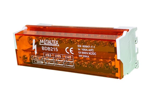 BDB215 BLOCO DE DISTRIBUIÇÃO 100A - 2 POLOS X15 TERMINAIS METALTEX °°