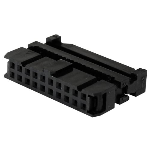 CONECTOR LATCH FÊMEA PARA CABO PLANO (FLAT CABLE) COM ALIVIADOR, 20 VIAS (2X10), PRETO, PASSO 2,54MM L-20°°