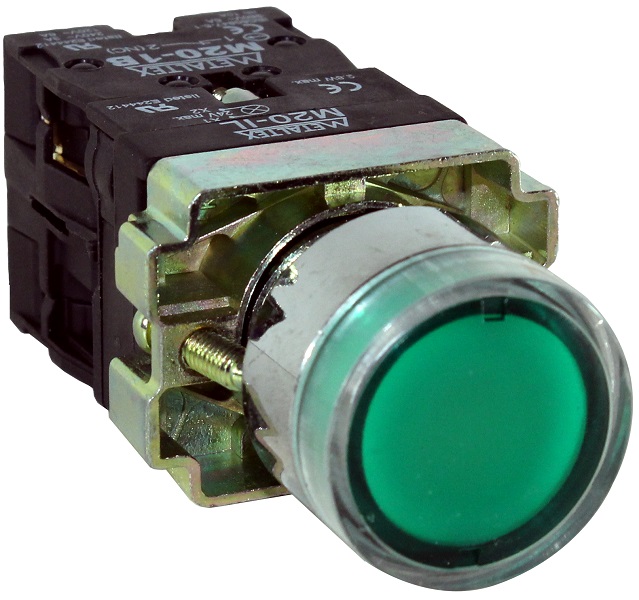 PULSADOR ILUMINADO 22MM METÁLICO - VERDE 24V - 1NA+1NF M20IGR-G7-1C METALTEX°°