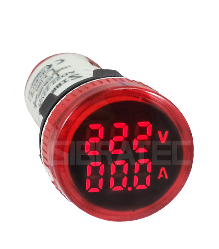 Voltímetro / Amperímetro Digital 22mm Vermelho AD22-22 V/AMP-R 60-500Vca / 0-100A 10043 SIBRATEC°°
