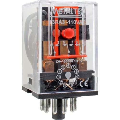 RELE INDUSTRIAL 3 CONTATOS REVERSIVEL TENSAO 110VCA 10A 11 PINOS T3RA3 METALTEX °°