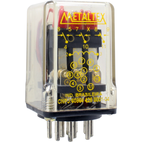RELÉ INDUSTRIAL,3CONTATOS REVERSÍVEIS,TENSÃO DE BOBINA 24VCC, CAPACIDADE DE 12AMPERES,11PINOS PLUG-IN,C INDIC METALTEX°°
