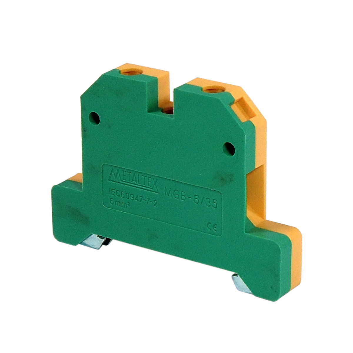 MGB6/35 CONECTOR TERRA 6MM COM CAPA P/ TRILHOS TS35 E TS35 - VERDE/AMARELO METALTEX°°