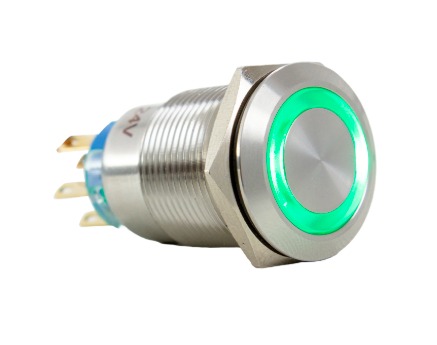 AV19IR-1G BOTÃO ANTIVANDALISMO 19MM ILUMINADO VD ACO INOX 2REV C/ RETENÇÃO 110VCA METALTEX °°