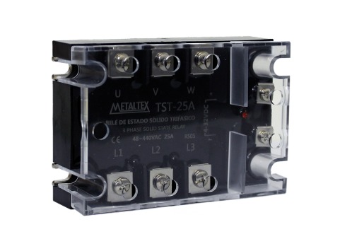 TST-25A RELÉ DE ESTADO SÓLIDO TRIFÁSICO, 25A, CONTROLE 4~32VCC, CARGA 48~440VCA METALTEX°°