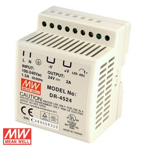 FONTE 110/220VCA - 24V-2A DR-4524 MEAN WELL METALTEX°°