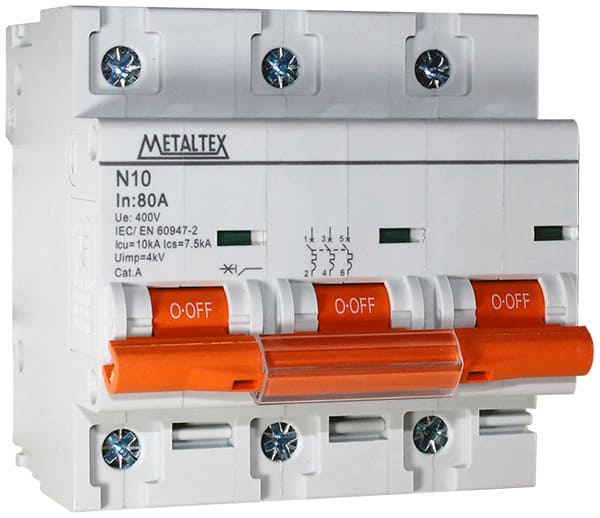 N10-3P80 MINI DISJUNTOR MCB 10KA 3 POLOS 80A METALTEX°°